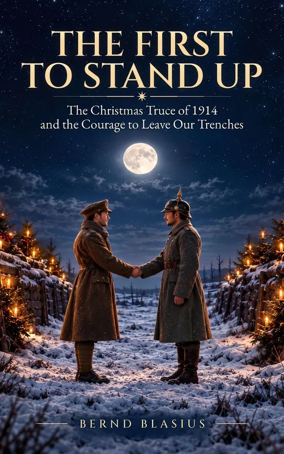 Book cover: The First to Stand Up. Two soldiers shake hands in the moonlight between snowy trenches, with candles burning on small fir trees all around.