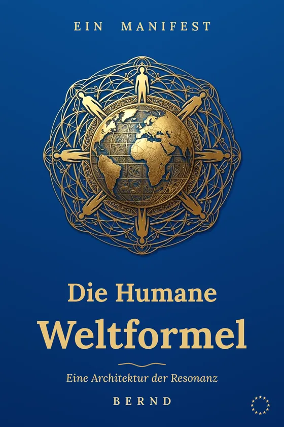 Buchcover: Die Humane Weltformel. Eine Architektur der Resonanz. Ein Manifest von Bernd. Ein goldenes Mandala mit Erdkugel und acht Menschen auf königsblauem Grund.