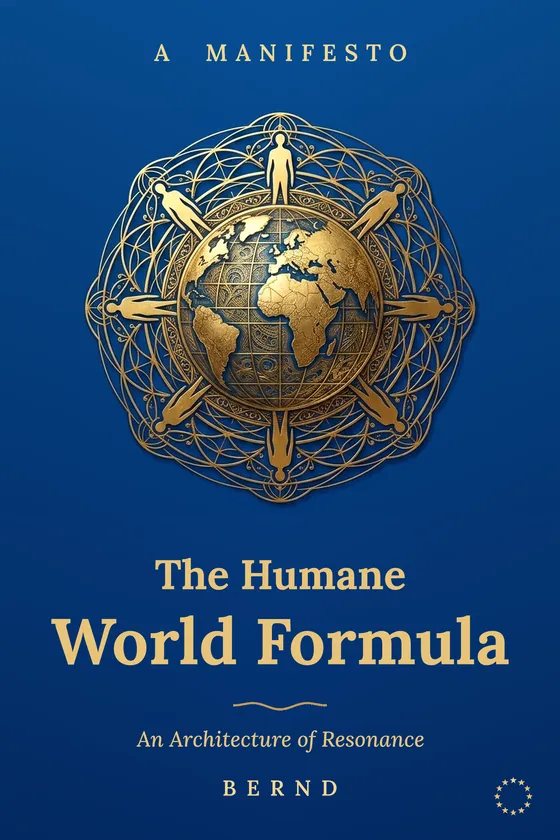 Book cover: The Humane World Formula. An Architecture of Resonance. A manifesto by Bernd. A golden mandala with a globe and eight human figures on a royal blue ground.