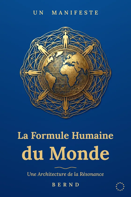 Couverture : La Formule Humaine du Monde. Une architecture de la résonance. Un manifeste de Bernd. Un mandala doré avec un globe et huit silhouettes humaines sur fond bleu roi.