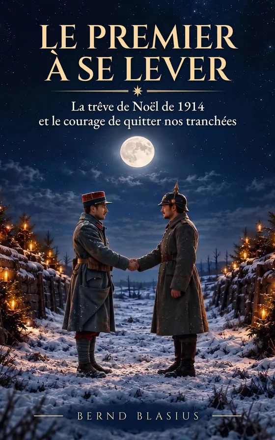 Couverture : Le Premier à se lever. Un soldat français et un soldat allemand se serrent la main au clair de lune entre des tranchées enneigées, entourés de bougies allumées sur de petits sapins.