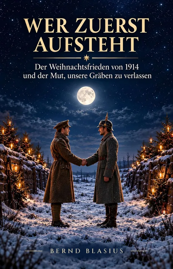 Buchcover: Wer zuerst aufsteht. Zwei Soldaten reichen sich im Mondlicht zwischen verschneiten Gräben die Hand, ringsum brennen Kerzen an kleinen Tannenbäumen.