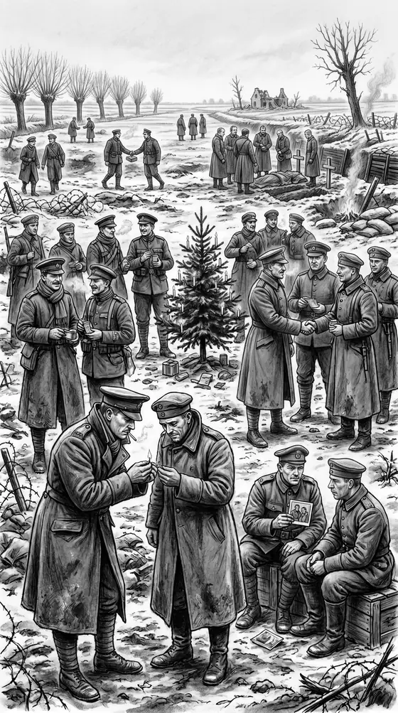 Zeichnung in Graustufen: Britische und deutsche Soldaten stehen im verschneiten Niemandsland um einen kleinen Tannenbaum mit Kerzen, reichen sich die Hände und teilen Zigaretten; im Hintergrund stehen Männer an Gräbern mit Holzkreuzen.