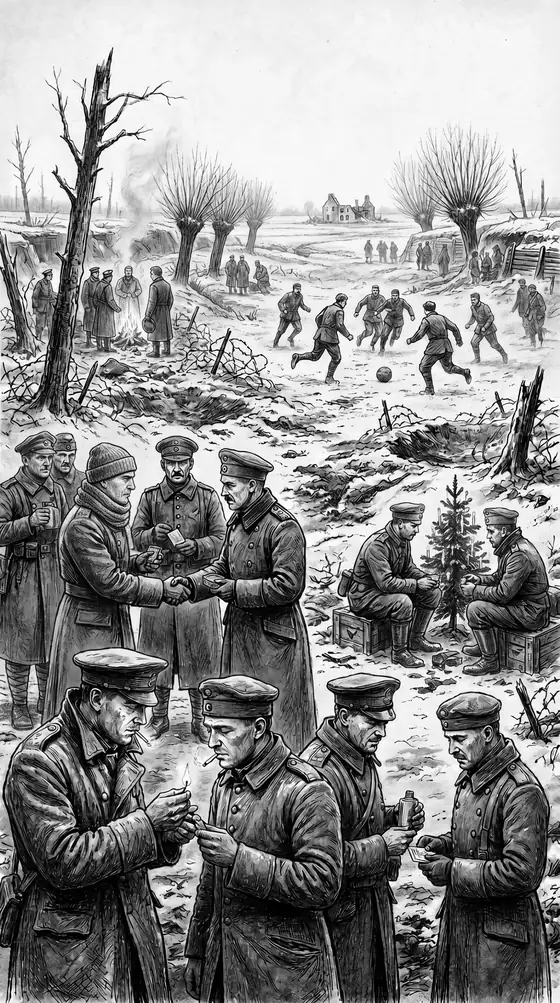 Zeichnung in Graustufen: Im Vordergrund geben sich Soldaten beider Seiten die Hand und tauschen Zigaretten, dahinter spielen Männer auf dem verschneiten Feld zwischen den Gräben Fußball.
