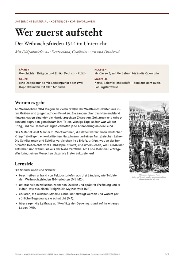 Titelseite des Unterrichtsmaterials „Wer zuerst aufsteht – Der Weihnachtsfrieden 1914 im Unterricht“
