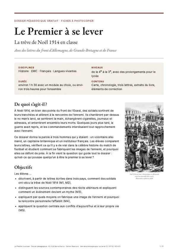 Page de titre du dossier pédagogique Le Premier à se lever – La trêve de Noël 1914 en classe